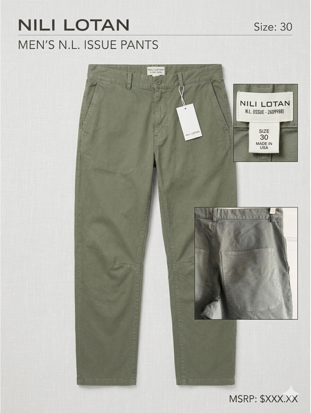 Nili Lotan Olive Green ISSUE - 2609988 Khaki Chino Tapered Leg Pants Size 30 USA